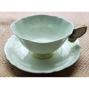 Paragon Teacup Saucer Set Butterfly Handle Green Cup Yellow Center Bone China